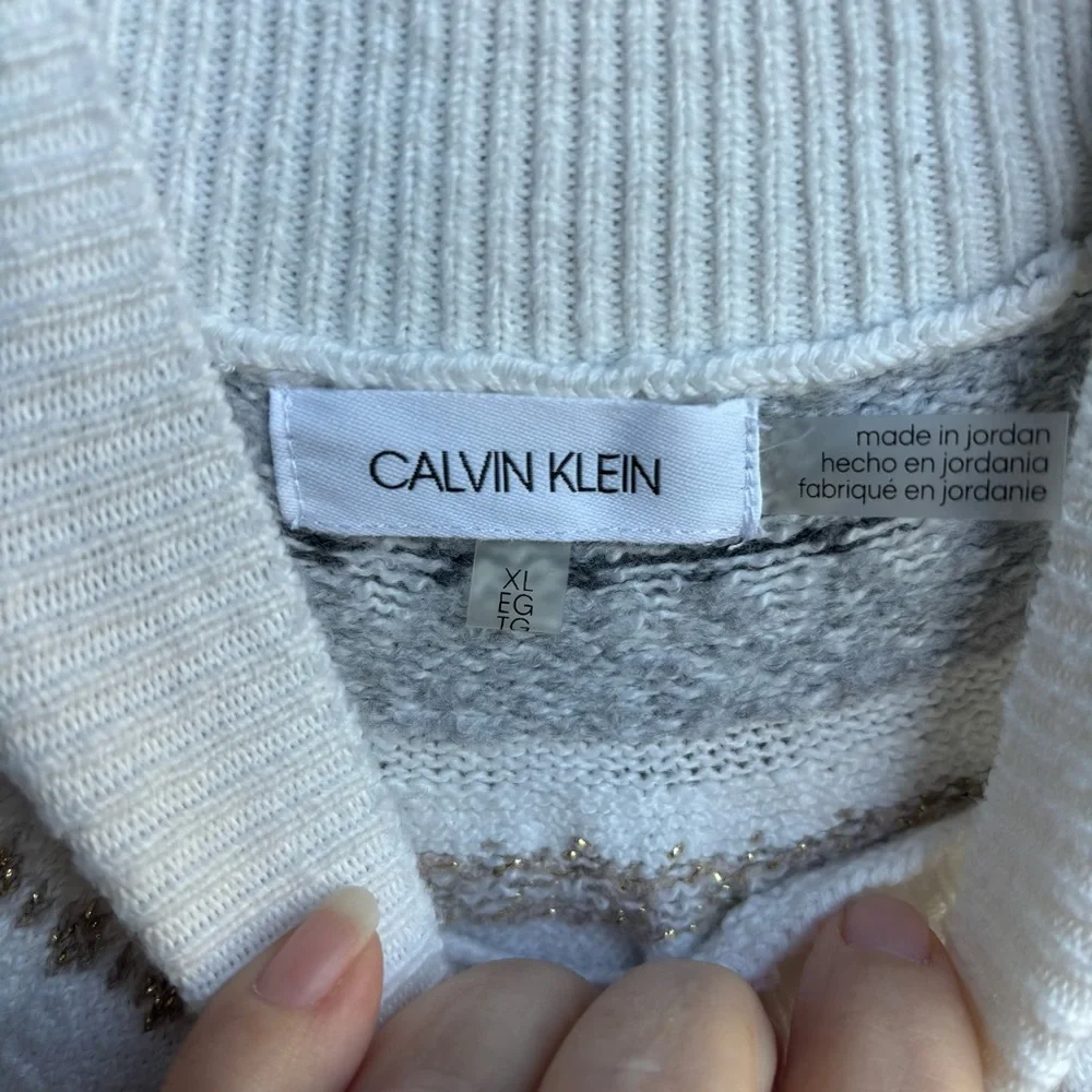 Calvin Klein White and Brown Patterned Sweater